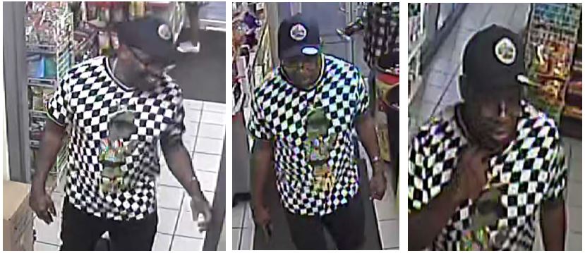 Three photos of assault suspect at a convenience store wearing a black and white checkered shirt with a graphic on the front, a black ball cap and eyeglasses.
